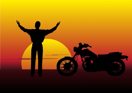 sunset landscape with man and motorbikeのイラスト素材