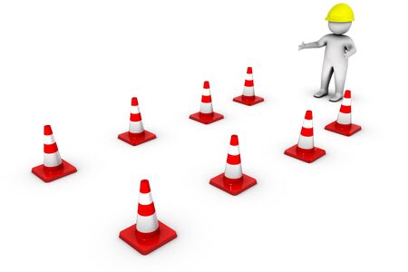 3d worker with traffic cones の写真素材