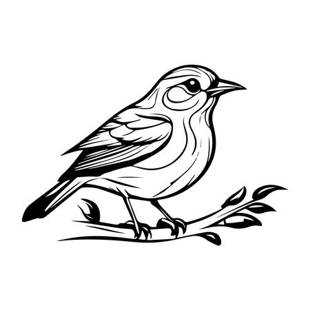 A small bird sits on a branch. Monochrome vector drawing isolated on white backgroundのイラスト素材