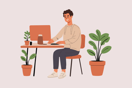 Man Working With Computer flat vector characterのイラスト素材