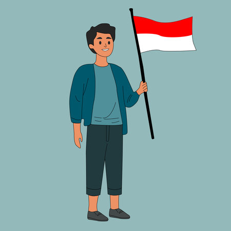 Indonesia Independence day. People holding Indonesian flag. Flat Characterのイラスト素材