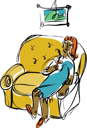 Illustration of a woman relaxing with a cup of coffeeの写真素材