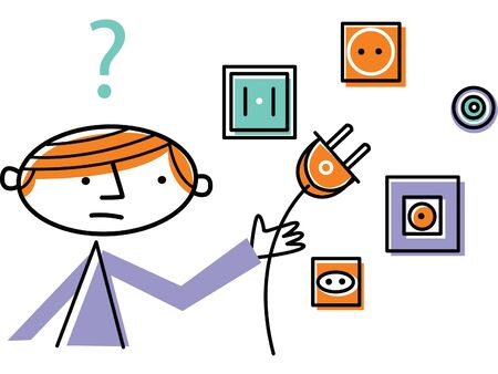 Man holding plug with different plug socketsの写真素材
