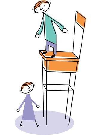 Man on high chair with woman standing belowの写真素材