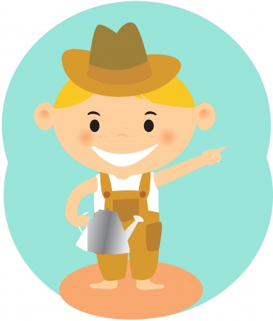 A boy wearing a hat and holding a watering canの写真素材