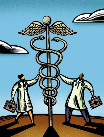 Two doctors touching a giant caduceusの写真素材