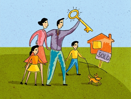 Family standing in front of a house with SOLD sign; father holding the keyの写真素材