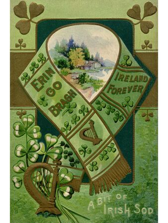A vintage collage illustration of a scarf; harp; shamrocks and a rural landscape の写真素材