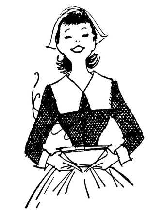 A black and white version of a vintage print of a woman delivering a hot mealの写真素材