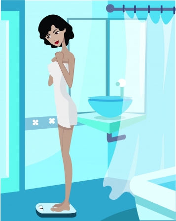 Side view of a woman in towel; standing on a weight scale in her bathroom; full-lengthの写真素材