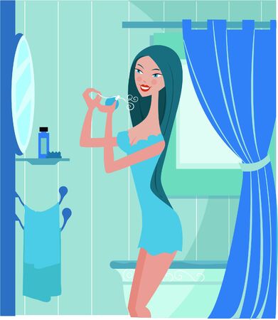 Side view of a woman in bathroom; spraying perfume on herselfの写真素材