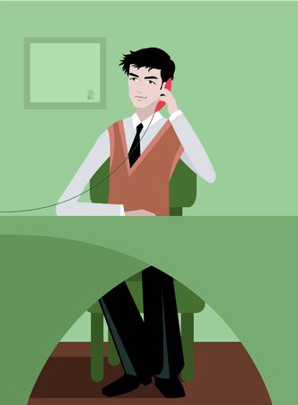 Front view of a man on phone at his office deskの写真素材