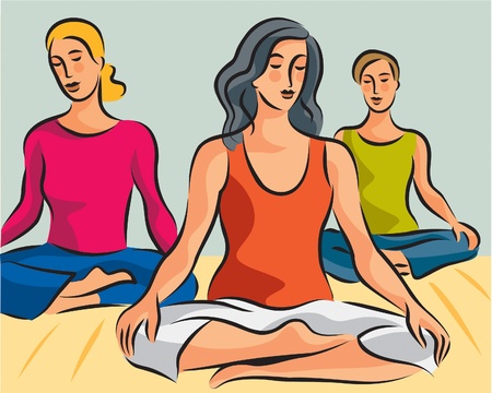 Illustration of three women doing yoga meditation in lotus positionsの写真素材