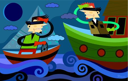 An illustration of two blindfolded men steering boats towards one anotherの写真素材