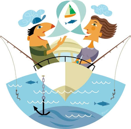 A man and a woman fishing in a boatの写真素材