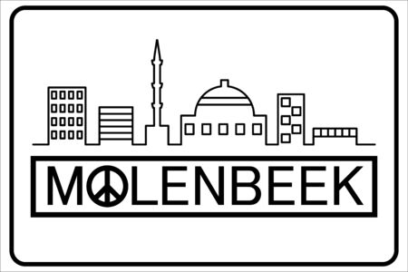 Molenbeek inscription text with peace symbol and muslim buildings silhouette lineのイラスト素材