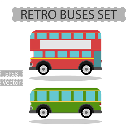 Set of colored retro city buses on a white background - isolated vector illustrationのイラスト素材