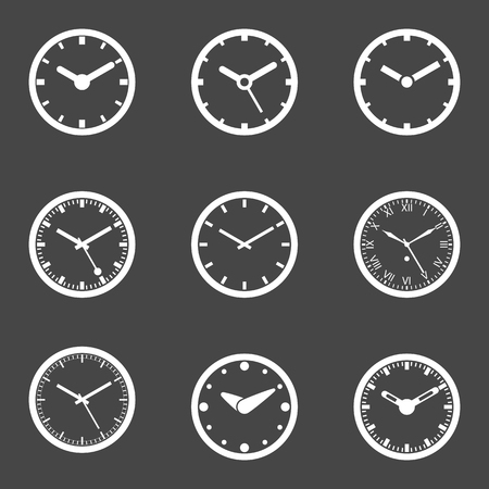 Clock Icon Set - Isolated Illustration. Transparent white icons on dark background. Simplified Solid Design.のイラスト素材