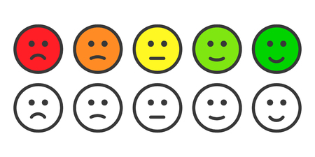 Emoji icons, emoticons for rate of satisfaction level. Five grade smileys for using in surveys. Colored and outline icons. Isolated illustration on white background