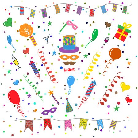 Carnival hand drawn symbols collection - carnival masks, party decorations. Birthday party elements. illustration isolated on white background.のイラスト素材