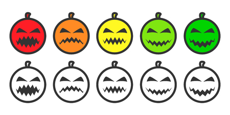 Halloween Pumpkin Emoji icons, emoticons for rate of satisfaction level. Five grade smileys for using in surveys. Colored and outline icons. Isolated vector illustration on white backgroundのイラスト素材