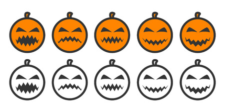 Halloween Pumpkin Emoji icons, emoticons for rate of satisfaction level. Five grade smileys for using in surveys. Colored and outline icons. Isolated vector illustration on white backgroundのイラスト素材