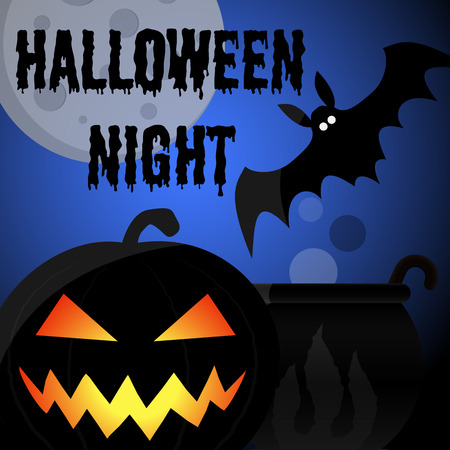 Halloween night party poster or greeting card with pumpkin, bat, full moon and inscription. Vector illustrationのイラスト素材