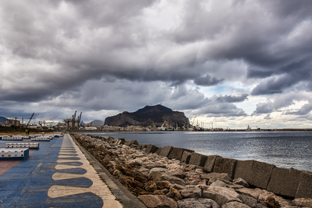 Palermo sea port with cloudy sky, seafront view at Monte Pellegrino Mount. Sicily Italyの写真素材