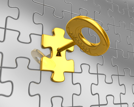 Jigsaw puzzle with golden key. Success concept. 3d rendering.の写真素材