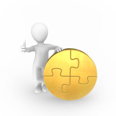 3d guy with golden puzzle shows thumbs up.の写真素材