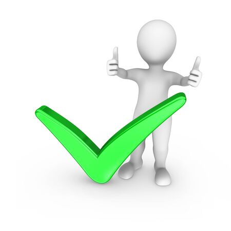 3d white man with big green check mark shows double thumbs. の写真素材