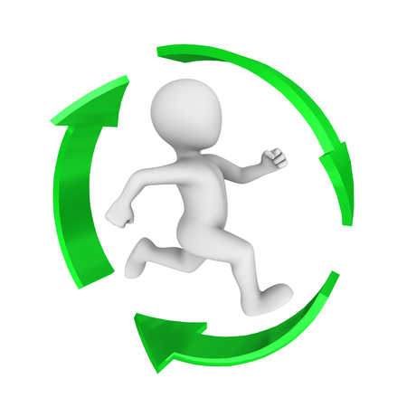 3d white man run in the green ring arrowsの写真素材