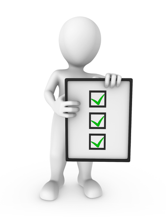 3d white man with the empty board with check marks. 3d rendered illustration.の写真素材