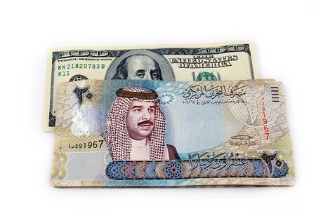 USA Kingdom of Bahrain currency on white background