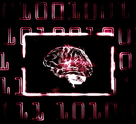 illustration of the binary code and brain on abstract screenの写真素材