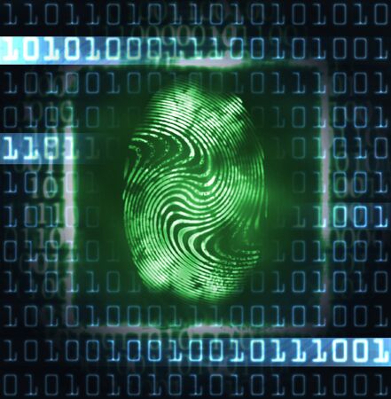 abstract illustration of the finger print and binary codeの写真素材
