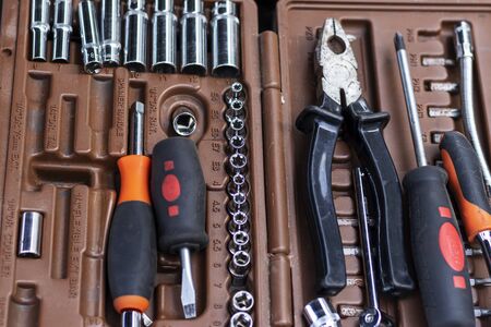 Tools for car repair in a suitcaseの写真素材