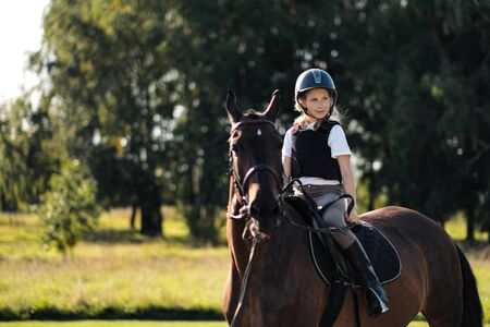 Girl teenager jockey sits on a brown horse in nature. Dressage horses, rider training.の写真素材