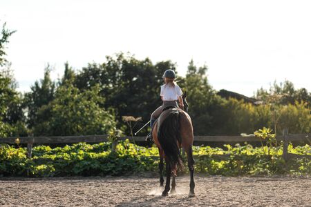 Girl teenager jockey trains on the field and at the hippodrome. Gallop and trot.
