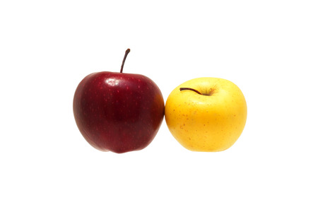 Two apples. Red and yellow. Isolated.                               の写真素材