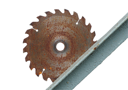 Disc circular saw on a background of old metal wall. Close-up.の写真素材