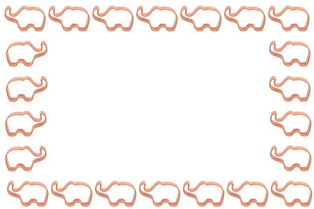 Toy elephants around the edges of the frame. Place for text. Isolated on white.の写真素材