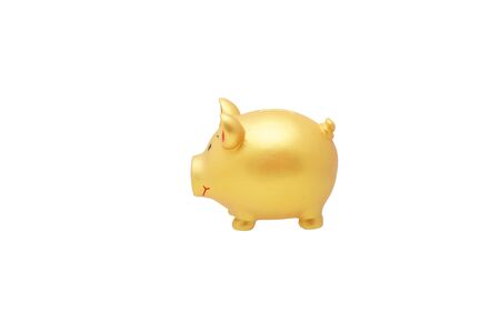 Golden pig piggy bank. Isolated on white.                               の写真素材