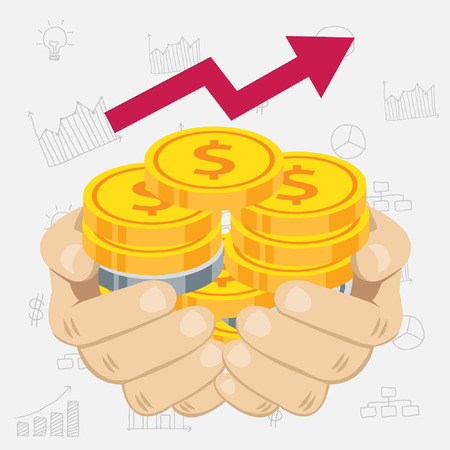 Hands Holding Stacks of Gold and Silver Coins with White Business Backgroundのイラスト素材