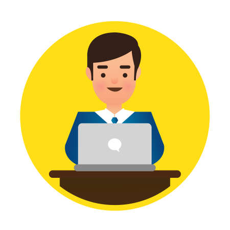 Man Wearing Blue Shirt Using Laptop Computerのイラスト素材