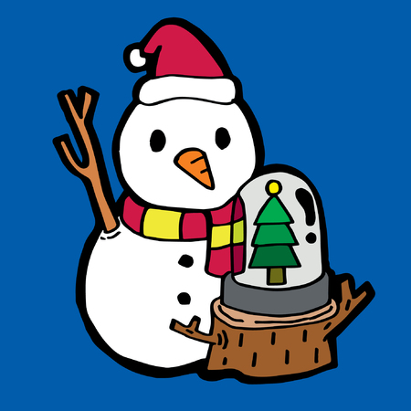 Merry Christmas Cartoon: A Snowman with A Snow Globe in Blue Backgroundのイラスト素材