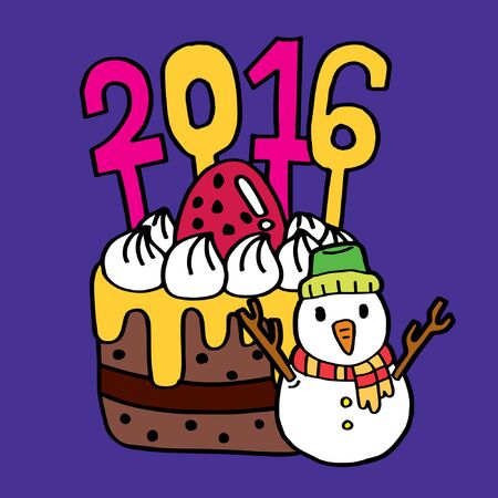 Merry Christmas Cartoon: A Snowman with a Cake in Purple Backgroundのイラスト素材