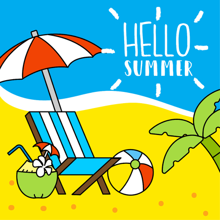 Summertime template with beach,Palm tree, ball, coconut water, chair. vector illustration.のイラスト素材