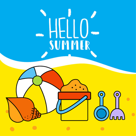 Summertime template with beach, Sea, shells, balls. vector illustration.のイラスト素材