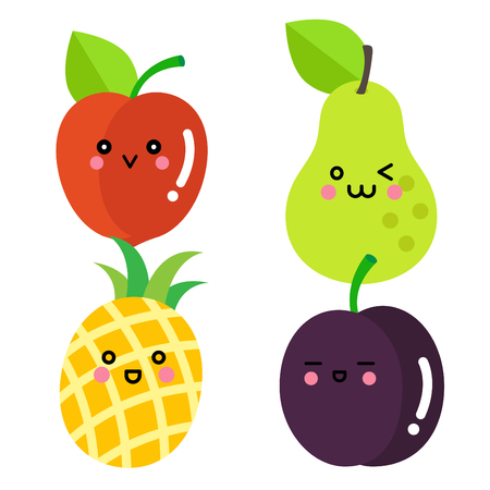 Set of cute fruit.Plum, Peach, Pear, Pineapple with funny faces on white backgroundのイラスト素材